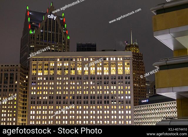 Detroit, Michigan - The Ally Financial building, lighted for the winter holidays