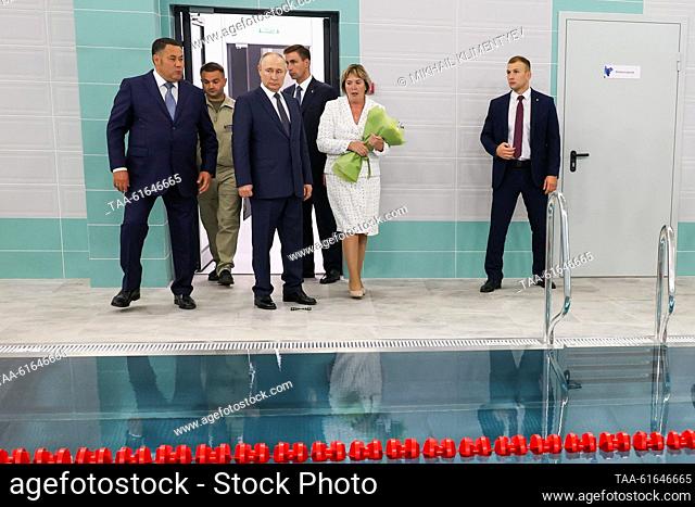 RUSSIA, TVER REGION - SEPTEMBER 1, 2023: Russia's President Vladimir Putin (3rd L) and Tver Region Governor Igor Rudenya (L) are seen during a tour of new...