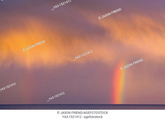 Scotland, Scottish Borders, Burnmouth  Rainbow above the north sea, photographed just before sunset