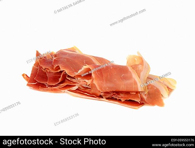 sliced prosciutto jerky into thin slices, food isolated on white background