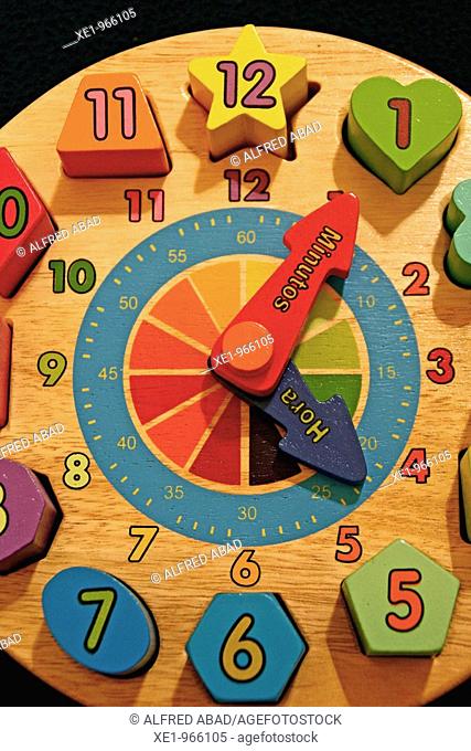 Children clock, learning game, Feria del juguete '09, Tona, Catalonia, Spain