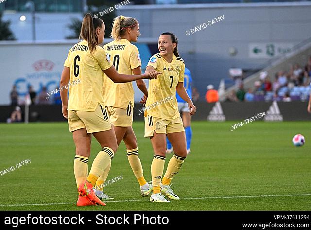 Belgium's players with Tine De Caigny , Justine Vanhaevermaet and Hannah Eurlings celebrate after scoring during a game between Belgium's national women's...