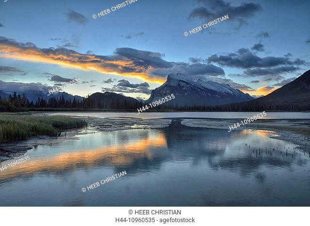 North America, Canada, Alberta, Banff, Mount Rundle, mountains, lake, reflection, dawn, nature, vertical, Rockies, National Park, Rocky Mountains, wilderness