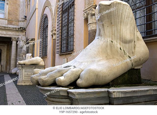Fragments from a colossal statue of Constantine from the Basilica of Maxentium, courtyard of Palazzo dei Conservatori, Rome, Latium, Italy