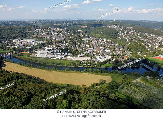 Aerial view, open space beside the Ruhr River, Herdecke, Ruhr Area, North Rhine-Westphalia, Germany, Europe