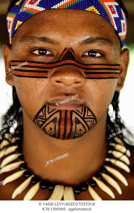 Portrait of a Pataxo Indian man at the Reserva Indigena da Jaqueira near Porto Seguro, Bahia, Brazil