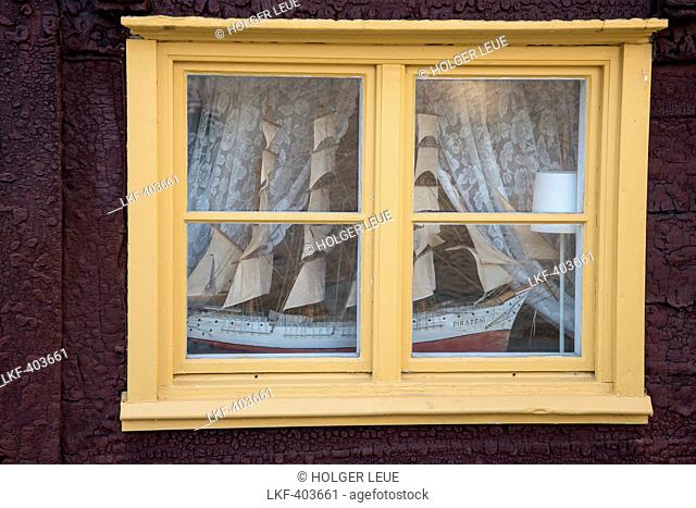 Model of sailing ship in a window, Visby, Gotland, Sweden, Europe