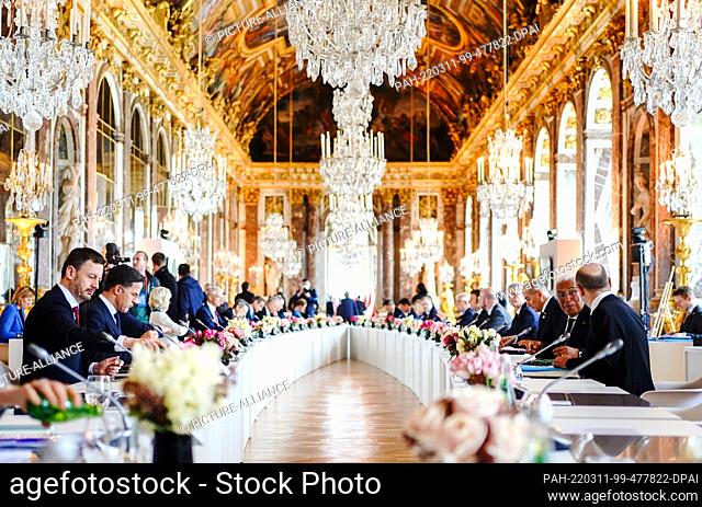 11 March 2022, France, Versailles: The heads of state and government of the European Union EU sit together at an informal two-day meeting at the Palace of...