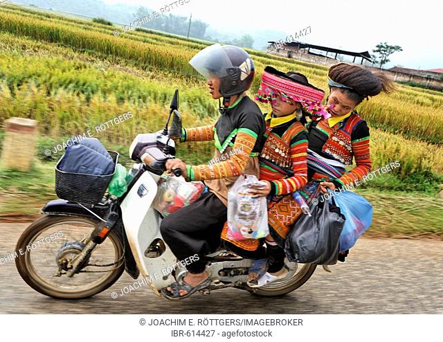 Family of the Thai People in traditional clothes riding a moped on the old route Nr 6, Vietnam, Asia