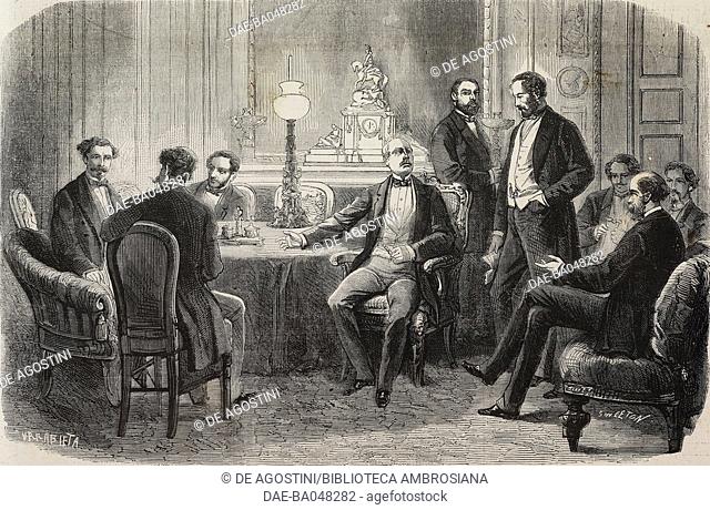 The Council of Ministers meeting at Granja: (from left to right) Sagasta, Berenger, Figuerola, Marshal Serrano (centre), Rivero, Marshal Prim, Echegaray, Moret