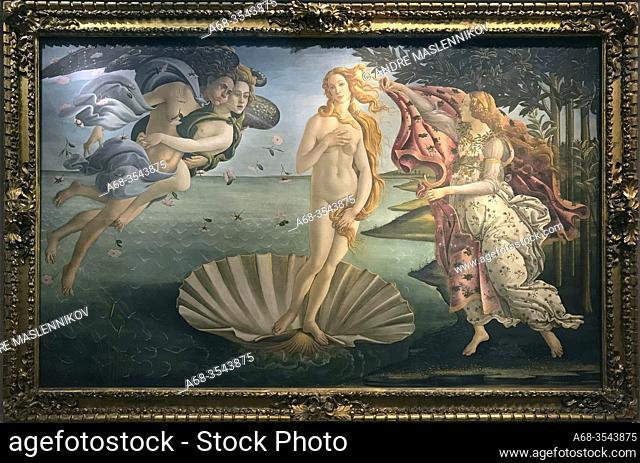 The birth of Venus by Allesandro Filipepi, detto Botticelli 1445 - 1510. Tempera on canvas. The Uffizi Gallery is a prominent art museum located adjacent to the...