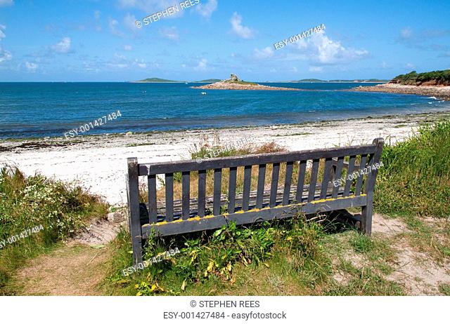 Bench with a view of Porthloo beach, St. Mary's Isles of Scilly