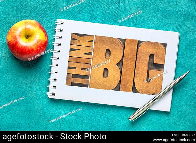 think big motivational phrase - text abstract in letterpress wood type in an art sketchbook, inspirational and personal development concept