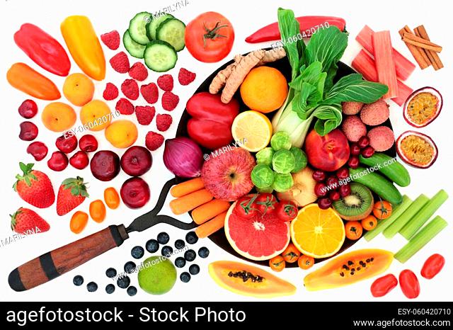Healthy plant based fresh fruit & vegetables high in antioxidants that neutralise free radicals. Health food also high in dietary fibre, anthocyanins, vitamins