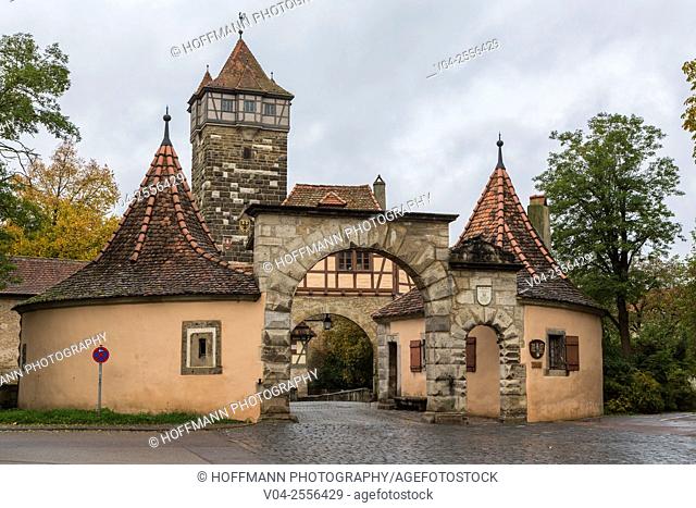 The Burgtor (Castle Gate) and gate tower in Rothenburg ob der Tauber, Bavaria, Germany, Europe