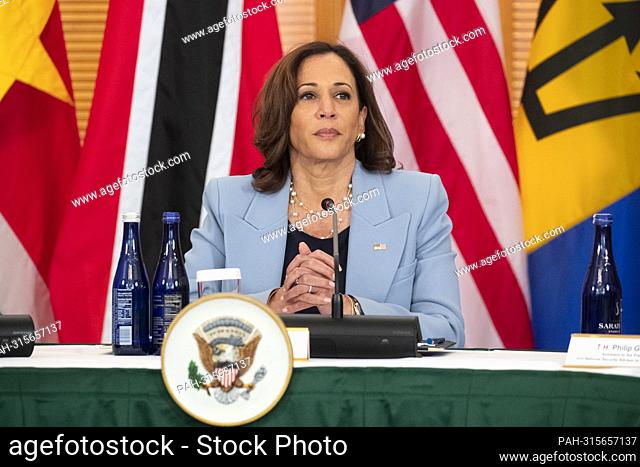 United States Vice President Kamala Harris participates in a multilateral meeting with Caribbean and Dominican leaders, in the Blair House across the street...