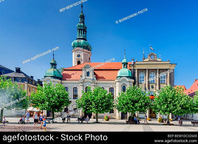 PSZCZYNA, SILESIAN PROVINCE, POLAND: ger.: Pless, the Lutheran church and town hall, Marketplace square