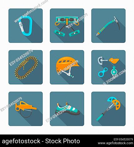 vector color flat design various climbing gear carabiner harness helmet rope shoes belay cam bolt hanger hold descender pulley ice axe icons set dark background...