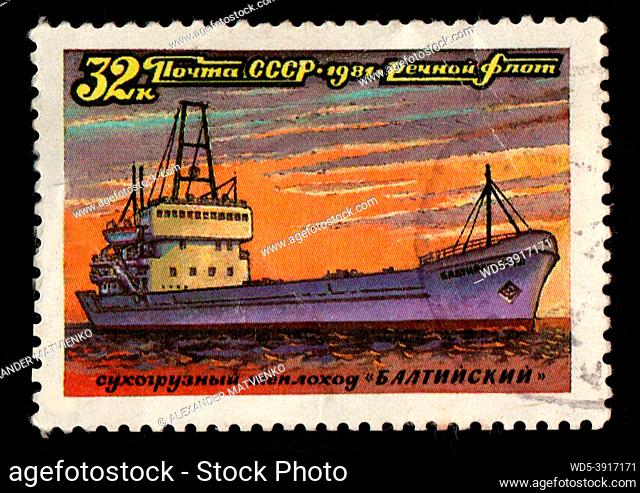 USSR - CIRCA 1981: USSR postage stamp dedicated to Dry cargo ship. Sea transport on postage stamp. Old Soviet postage stamp dedicated to Soviet ships
