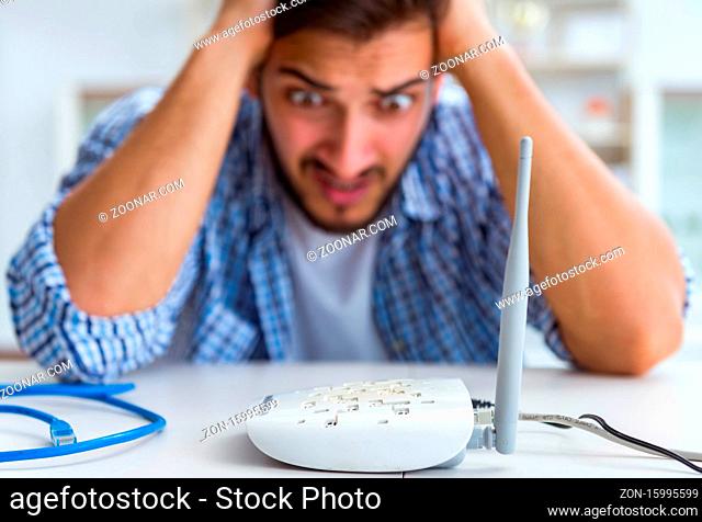 The frustrated young man due to weak internet reception