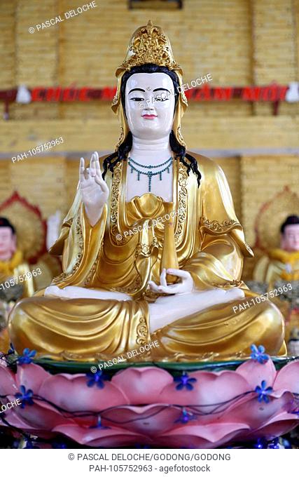 Hoi Tuong Te Nguoi Hoa buddist chinese temple. Quan Am, Goddess of Mercy, Avalokitesvara Bodhisattva statue. Phu Quoc. Vietnam. | usage worldwide