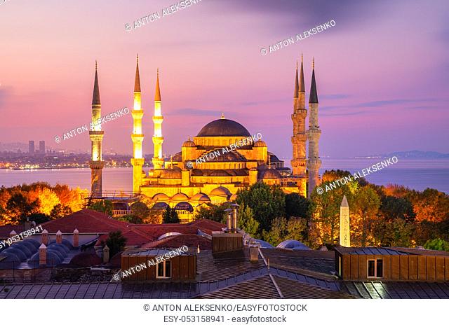 Beautiful evening view on the Sultanahmet Mosque or the Blue Mosque in Istanbul, Turkey