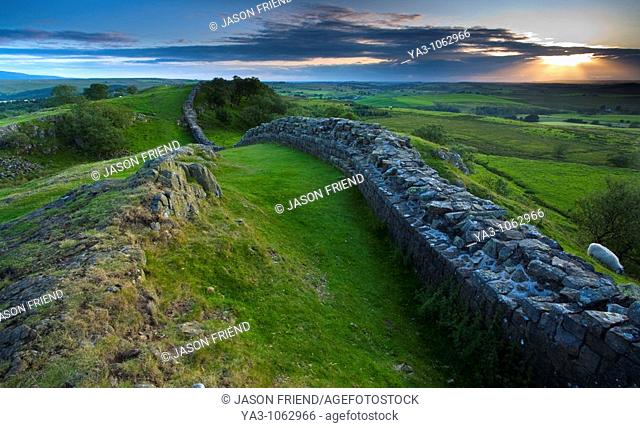 England, Northumberland, Hadrian's Wall  A dramatic stretch of Hadrians Wall running along the Walltown Craggs