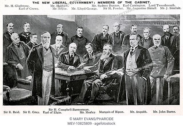 Cabinet Members of the New Liberal Government; H Gladstone, Haldane, Sydney Buxton, Earl Carrington, Lord Tweedmouth, Earl of Crewe, Bryce, Lloyd-George
