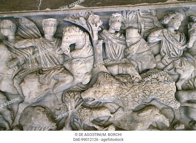 Meleager hunting the Calydonian wild boar, relief on a Roman sarcophagus, Monumental Cemetery of Pisa (UNESCO World Heritage Site, 1987), Tuscany, Italy