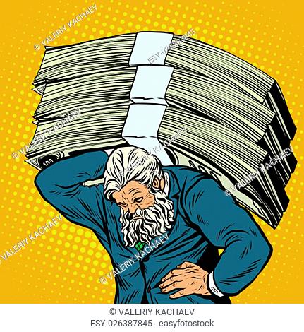 Antique Atlas heavy weight money strong man businessman pop art retro style. Greek image in the business. Mighty old man. Boss the head of the company