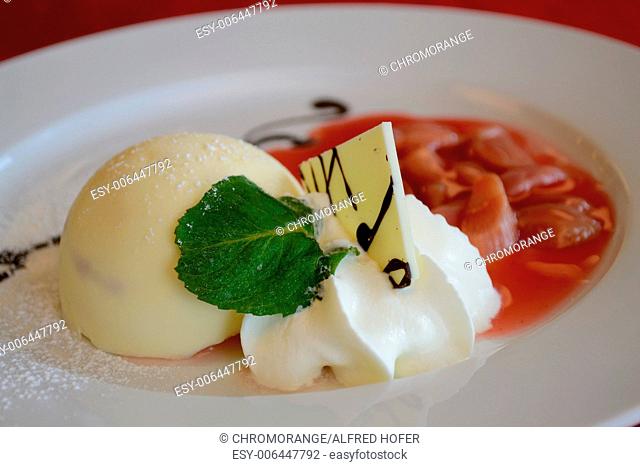 delicious cooked frozen confection parfait with rhubarb compote