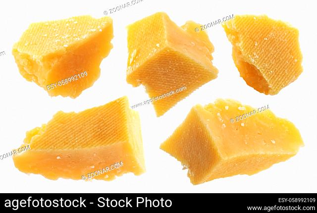 Close up of parmesan cheese isolated on white background with clipping path