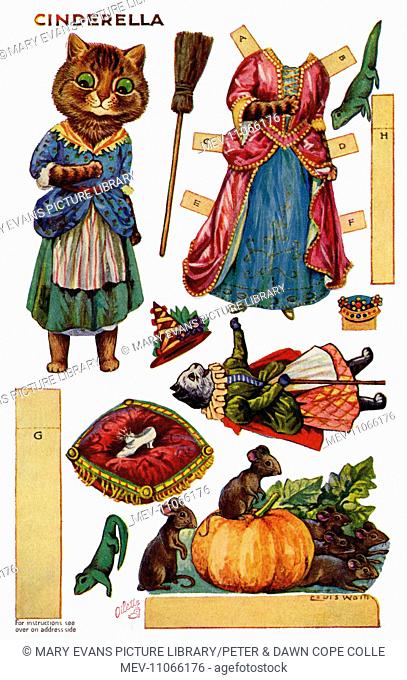 Cinderella. Cut-out postcard enabling children to cut out the garments & fit them on the body of the nursery rhyme character