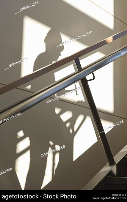 Shadow of a construction worker walking up stairs on wall with handrail