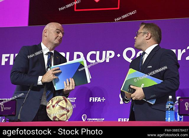 From left: FIFA President Gianni INFANTINO, with Bryan SWANSON (Director of Media Relations) FIFA press conference on 16.22.2022
