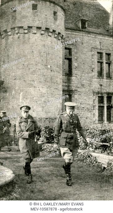 The Prince of Wales (later King Edward VIII and Duke of Windsor) with General Lambert, GOC of the 32nd Division, leaving Spontin Castle (ChÔteau de Spontin) in...