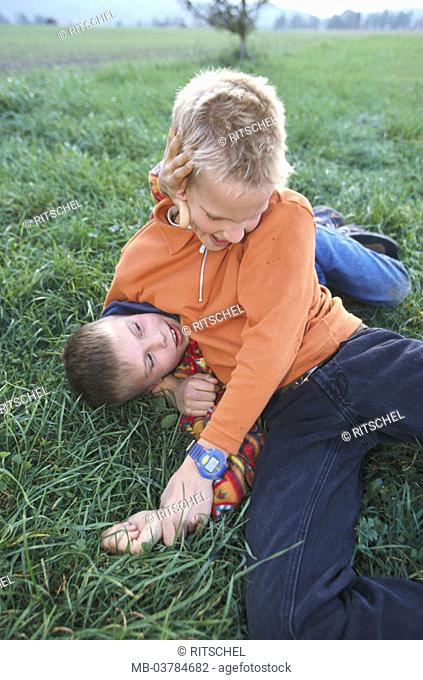 Children, two, meadow, brawling, free-for-alls,  Game   Boys, 6-10 years, outside, grass, lie, fights, dispute, strength, strength fairs, fury, fury, strength