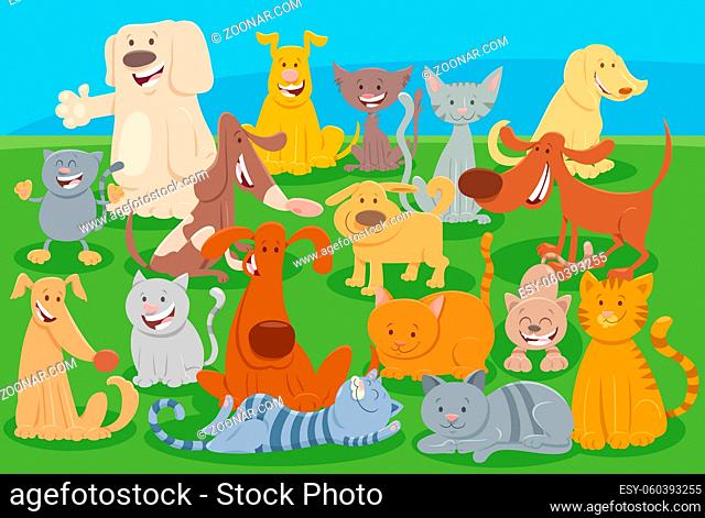 Cartoon illustration of comic cats and dogs comic animal characters group