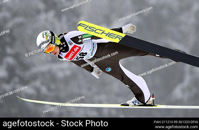 11 December 2021, Saxony, Klingenthal: Nordic skiing/ski jumping: World Cup, large hill, women, 1st round, in Vogtlandarena in Klingenthal