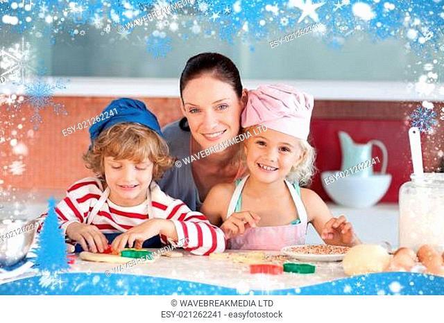 Happy mother baking with her children