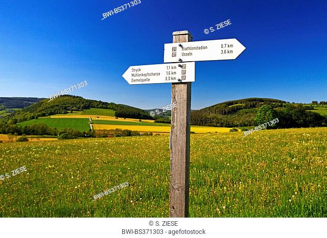 direction signs for tourists in beautiful flowering spring landscape in Willingen, Germany, Hesse, Willingen