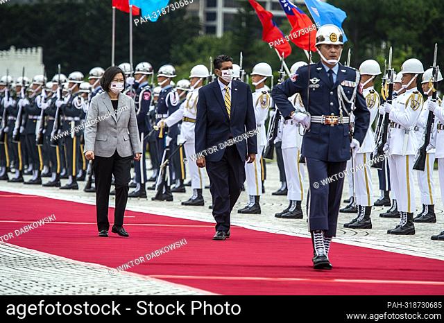Taiwan President Tsai Ing-wen (L) welcomes Republic of Palau President Surangel Whipps Jr. at Liberty Square in Taipei, Taiwan on 06/10/2022 Palau is one of 13...