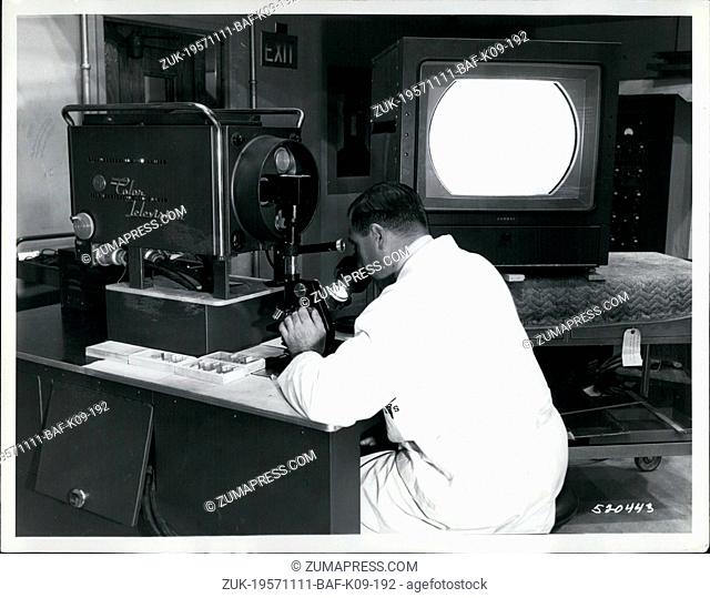 Nov. 11, 1957 - Army Medical Center's TV-Microscope; The US Army announced the development of a color TV microscope camera now in use at the Walter Reed Army...