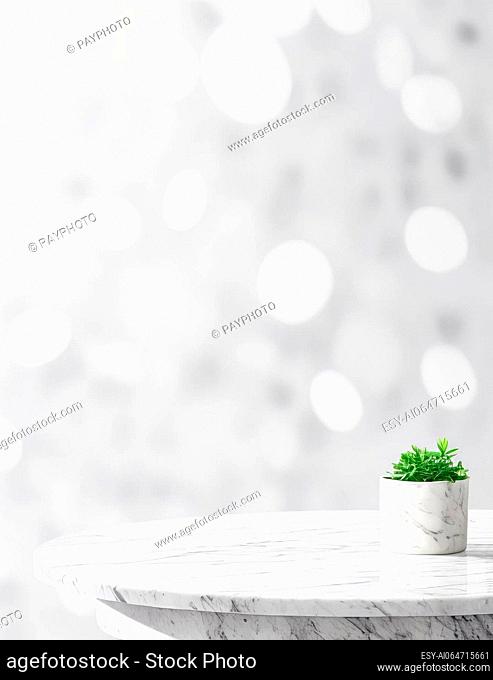 White Marble Tabletop Mockup with Glass Window Backdrop: Cafe and Restaurant Banner Background. Generative AI