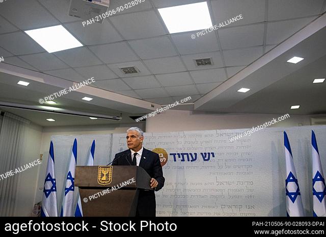 06 May 2021, Israel, Tel Aviv: Leader of the Yesh Atid opposition centrist political party Yair Lapid holds a press conference after the Israeli President...