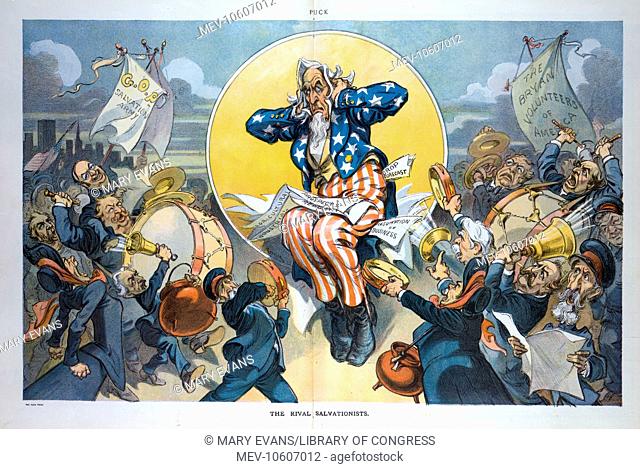 The rival salvationists. Illustration shows an annoyed Uncle Sam sitting against a full moon with his hands over his ears, caught between the noise of the GOP