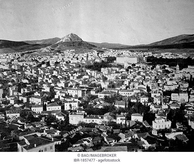 One of the first autotypes of Athens, seen from the Acropolis, Greece, historical photograph, 1884