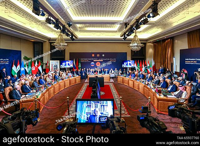 MOROCCO, MARRAKECH - DECEMBER 20, 2023: Russia's Foreign Minister Sergei Lavrov (L back) attends the 6th plenary session of the Russian-Arab Cooperation Forum