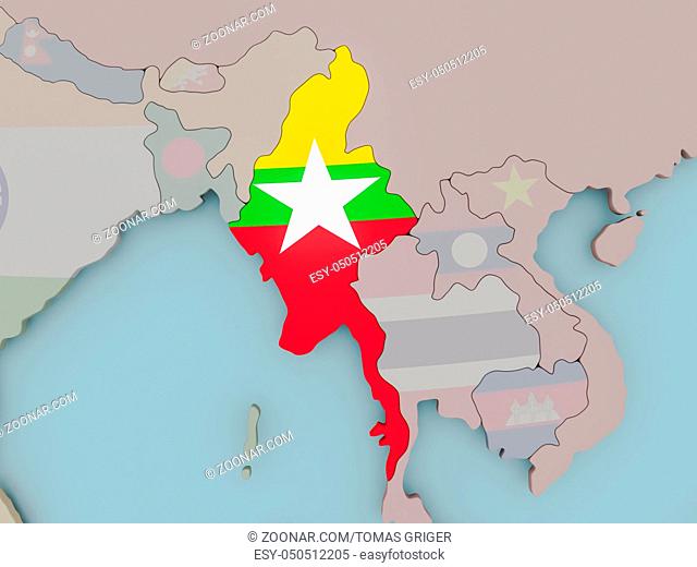 Myanmar with national flag on political globe. 3D illustration
