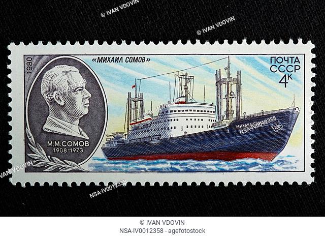 Soviet scientific ship Mikhail Somov, postage stamp, USSR, 1980